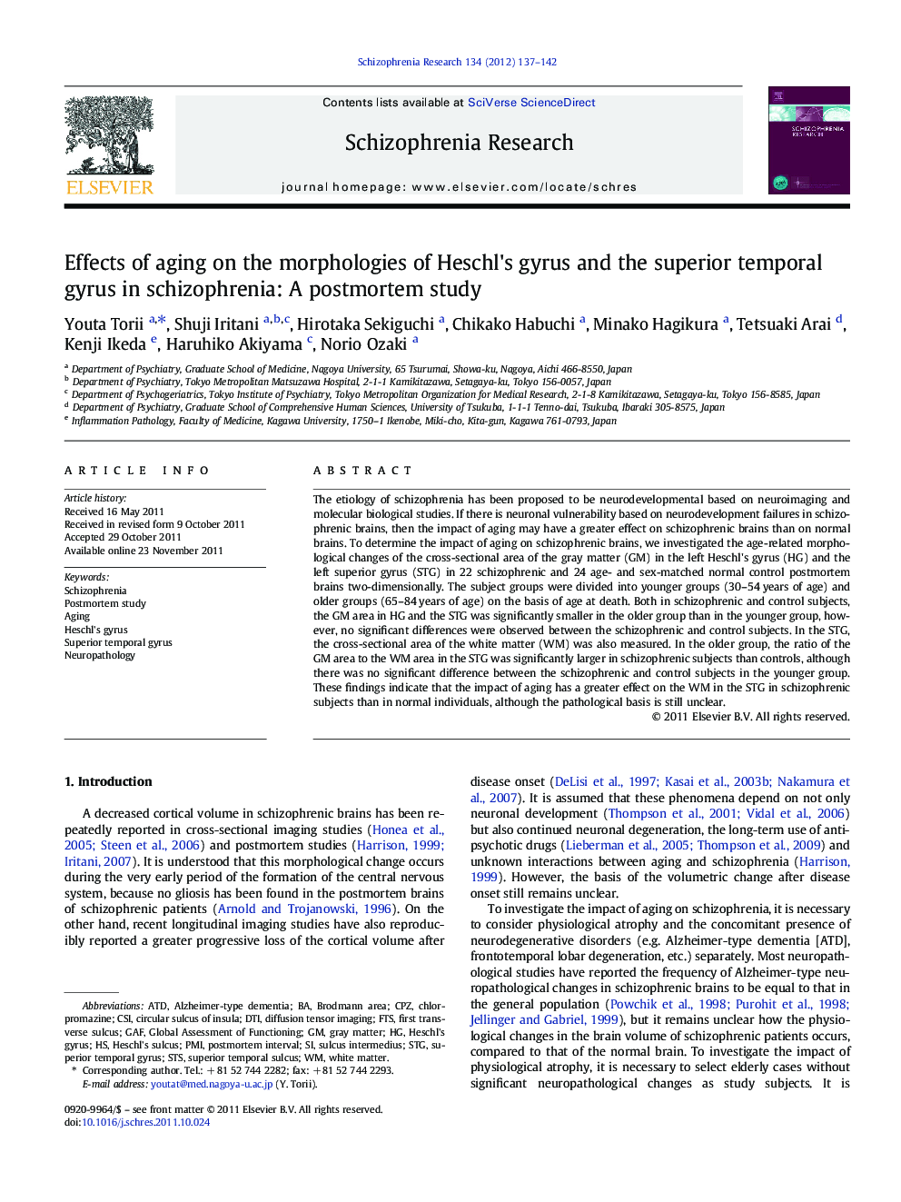 Effects of aging on the morphologies of Heschl's gyrus and the superior temporal gyrus in schizophrenia: A postmortem study