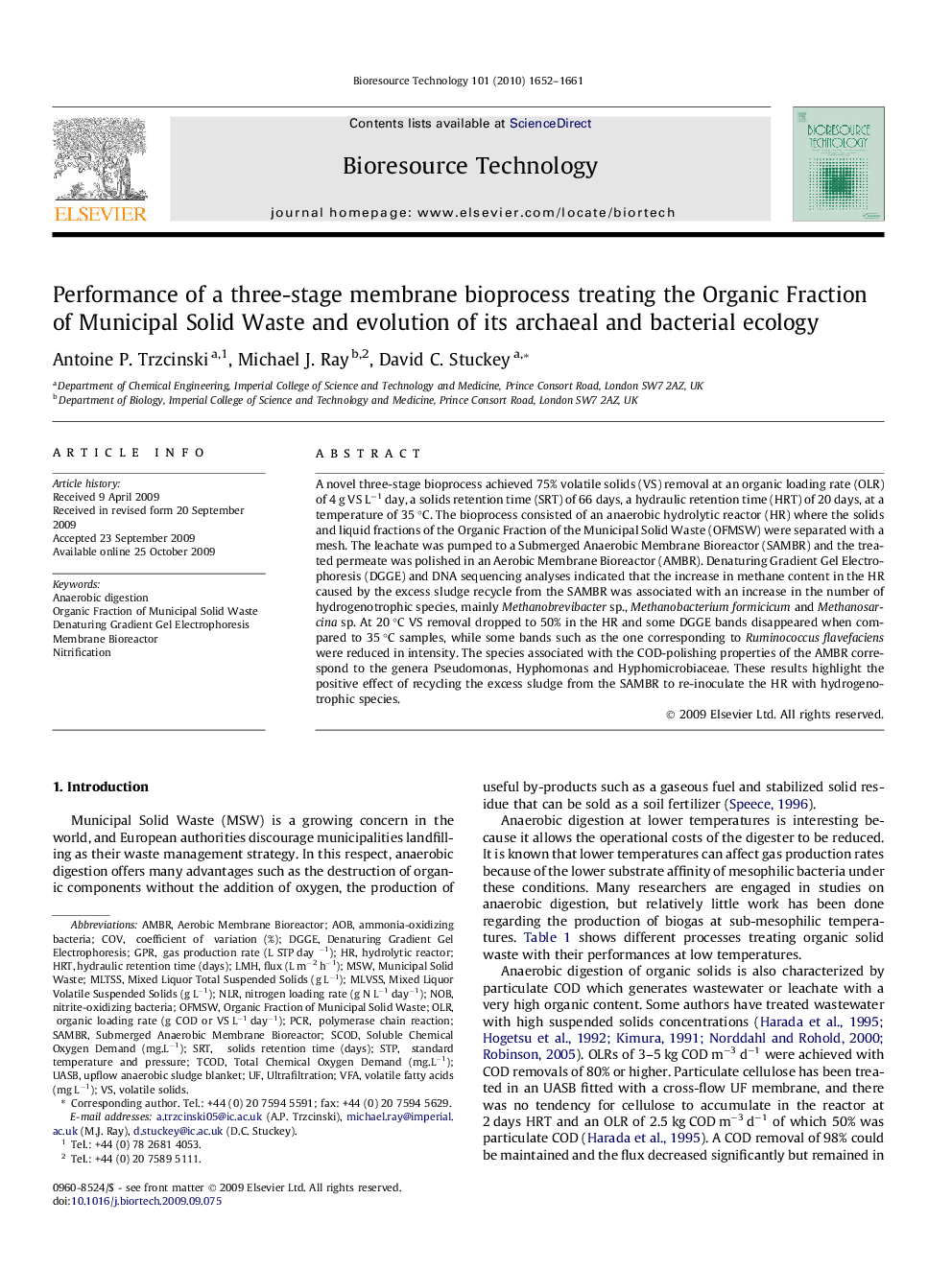 Performance of a three-stage membrane bioprocess treating the Organic Fraction of Municipal Solid Waste and evolution of its archaeal and bacterial ecology