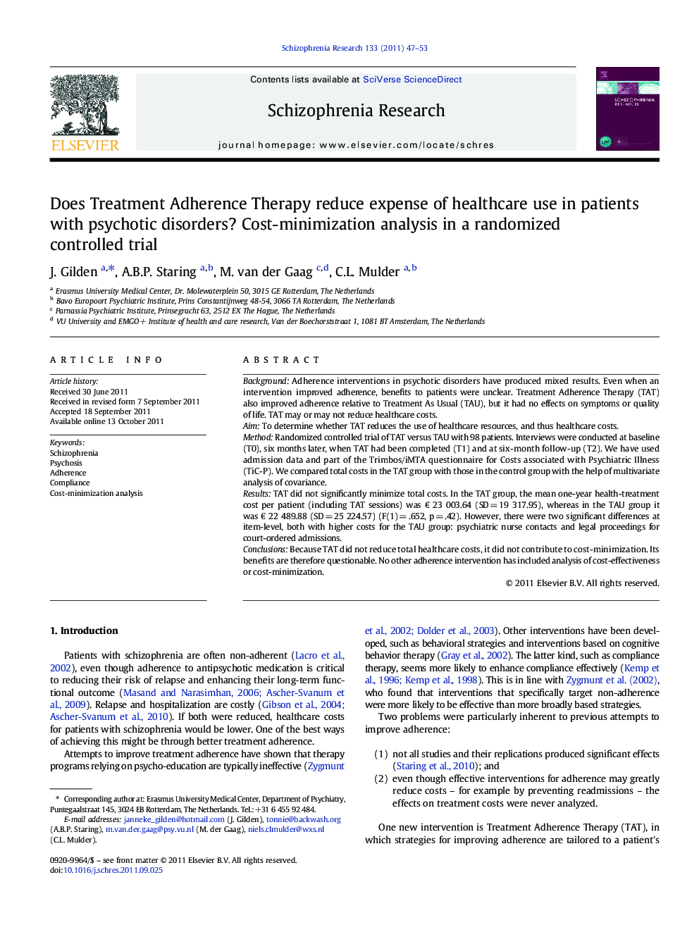 Does Treatment Adherence Therapy reduce expense of healthcare use in patients with psychotic disorders? Cost-minimization analysis in a randomized controlled trial