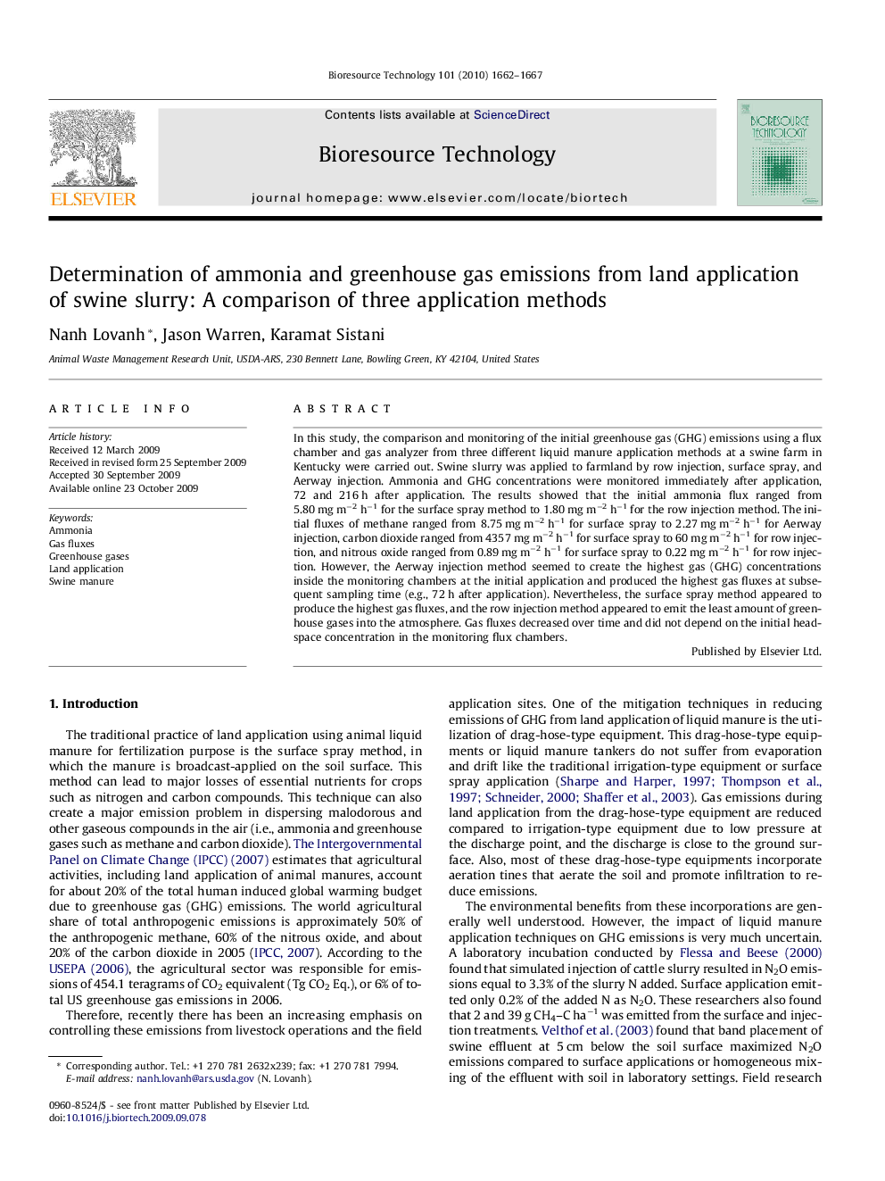عکس صفحه اول مقاله: Determination of ammonia and greenhouse gas emissions from land application of swine slurry: A comparison of three application methods Determination of ammonia and greenhouse gas emissions from land application of swine slurry: A comparison of three application methods