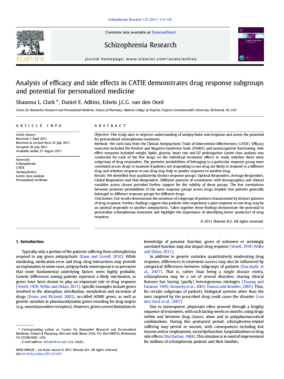 Analysis of efficacy and side effects in CATIE demonstrates drug response subgroups and potential for personalized medicine