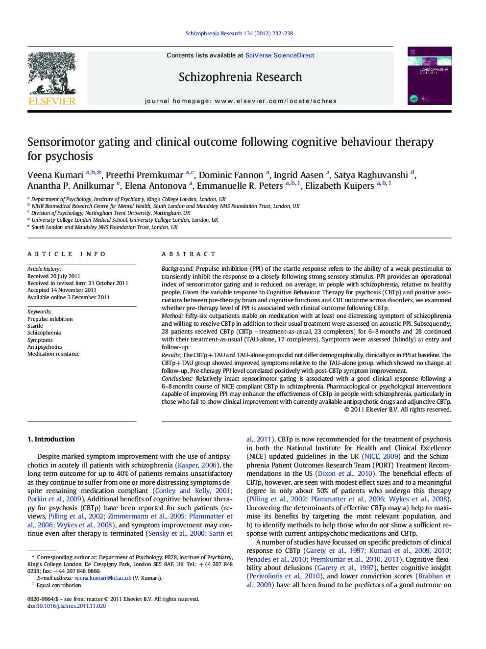 Sensorimotor gating and clinical outcome following cognitive behaviour therapy for psychosis