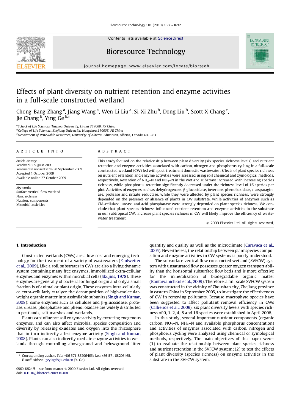 Effects of plant diversity on nutrient retention and enzyme activities in a full-scale constructed wetland