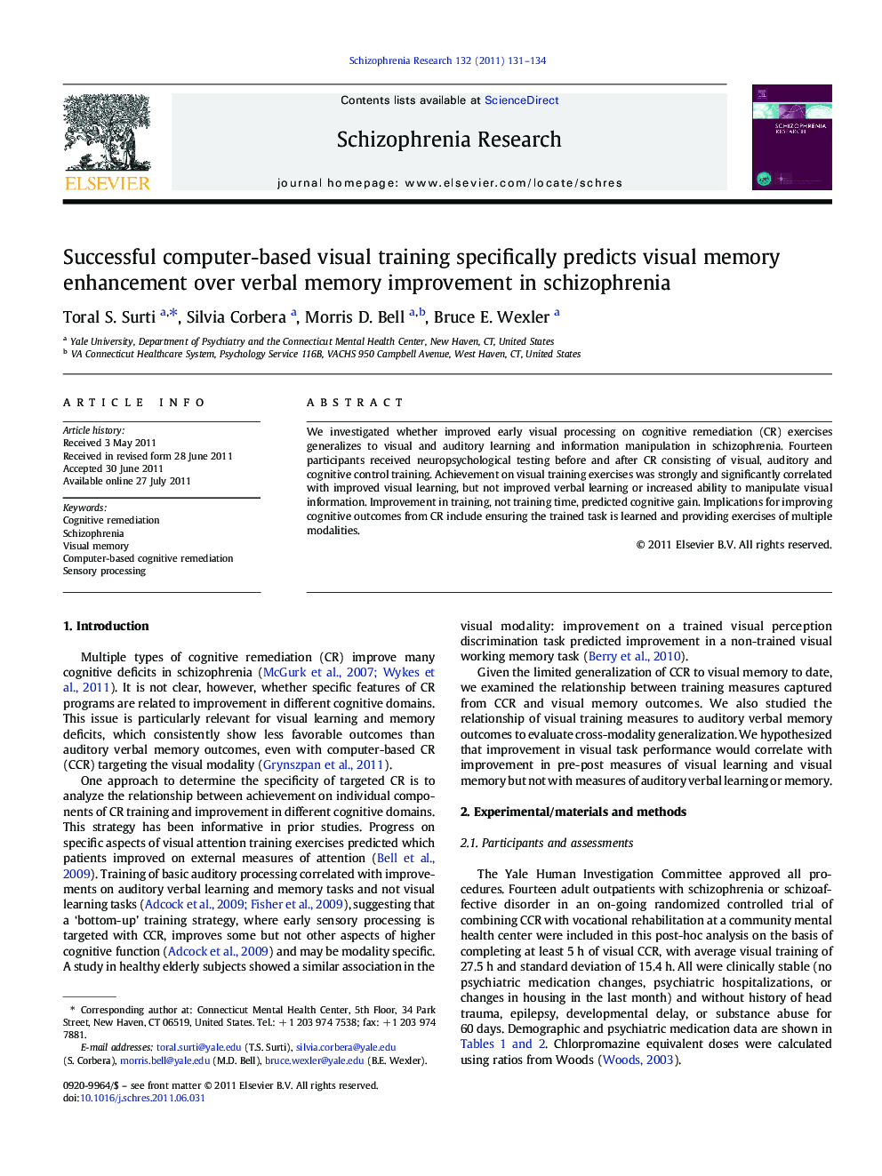 Successful computer-based visual training specifically predicts visual memory enhancement over verbal memory improvement in schizophrenia