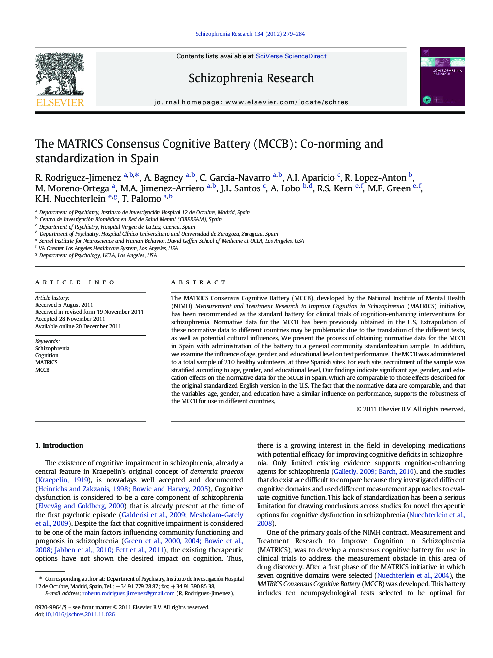 The MATRICS Consensus Cognitive Battery (MCCB): Co-norming and standardization in Spain