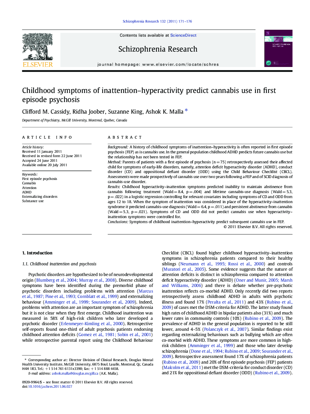 Childhood symptoms of inattention-hyperactivity predict cannabis use in first episode psychosis