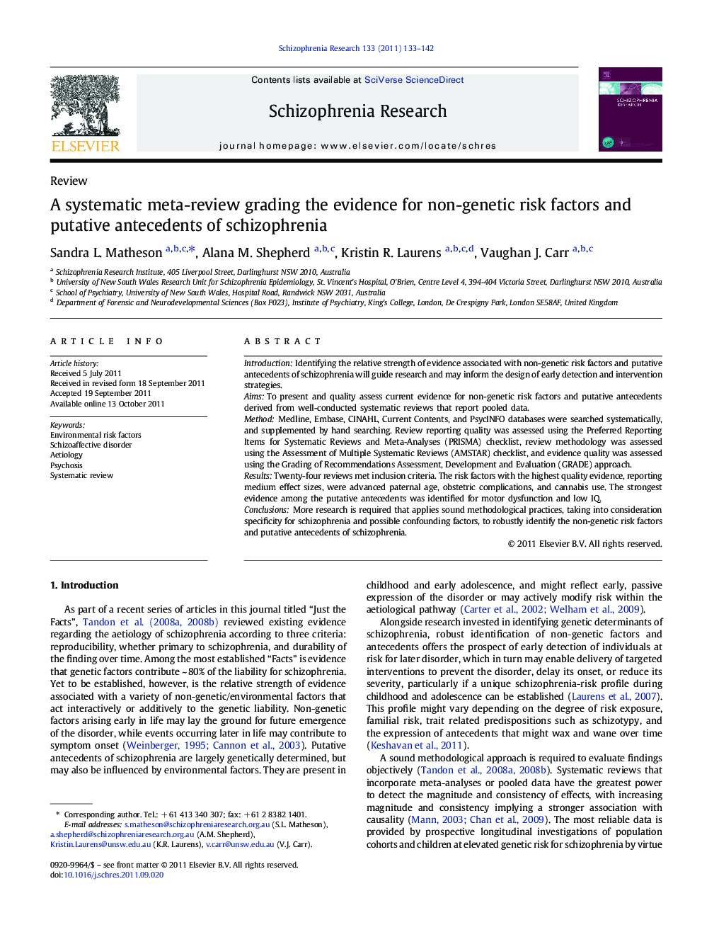 A systematic meta-review grading the evidence for non-genetic risk factors and putative antecedents of schizophrenia