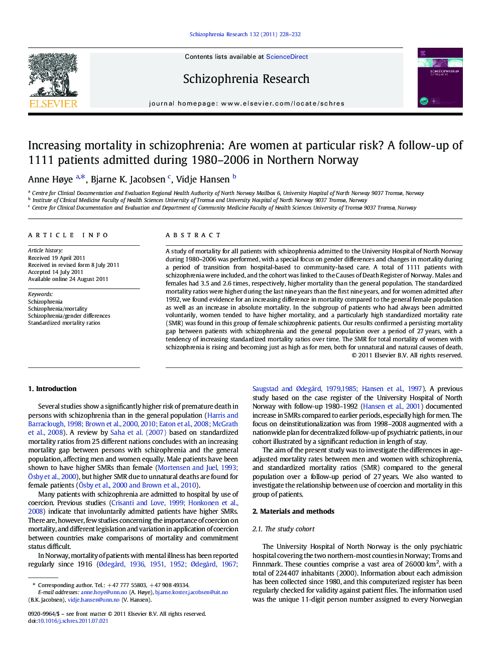 Increasing mortality in schizophrenia: Are women at particular risk? A follow-up of 1111 patients admitted during 1980-2006 in Northern Norway