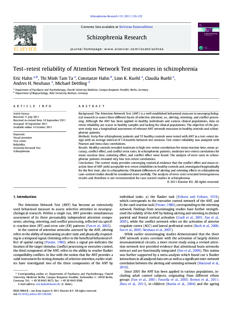 Test-retest reliability of Attention Network Test measures in schizophrenia