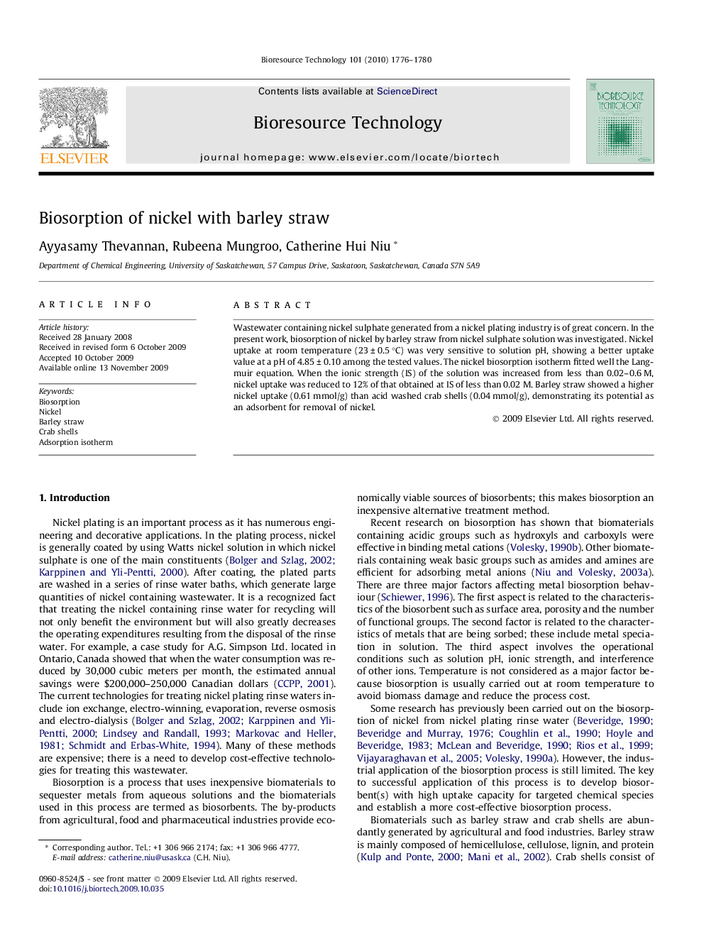 Biosorption of nickel with barley straw