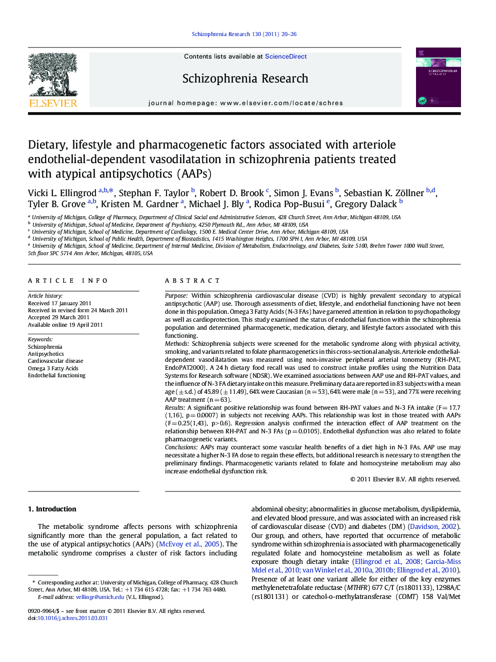 Dietary, lifestyle and pharmacogenetic factors associated with arteriole endothelial-dependent vasodilatation in schizophrenia patients treated with atypical antipsychotics (AAPs)