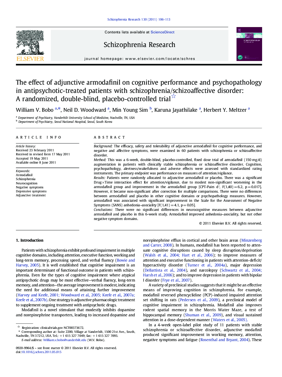 The effect of adjunctive armodafinil on cognitive performance and psychopathology in antipsychotic-treated patients with schizophrenia/schizoaffective disorder: A randomized, double-blind, placebo-controlled trial