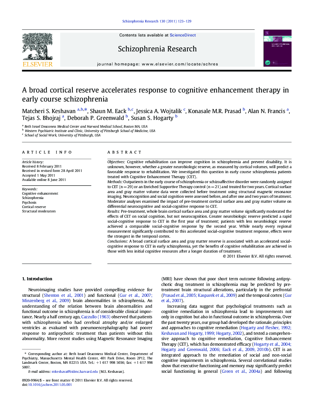 A broad cortical reserve accelerates response to cognitive enhancement therapy in early course schizophrenia