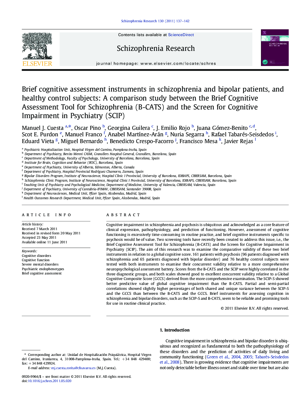 Brief cognitive assessment instruments in schizophrenia and bipolar patients, and healthy control subjects: A comparison study between the Brief Cognitive Assessment Tool for Schizophrenia (B-CATS) and the Screen for Cognitive Impairment in Psychiatry (SC