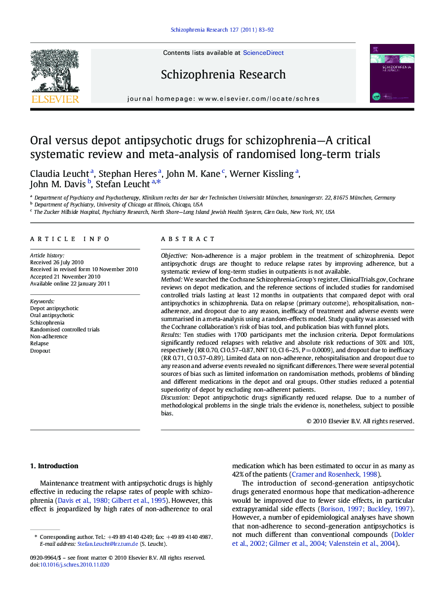 Oral versus depot antipsychotic drugs for schizophrenia-A critical systematic review and meta-analysis of randomised long-term trials