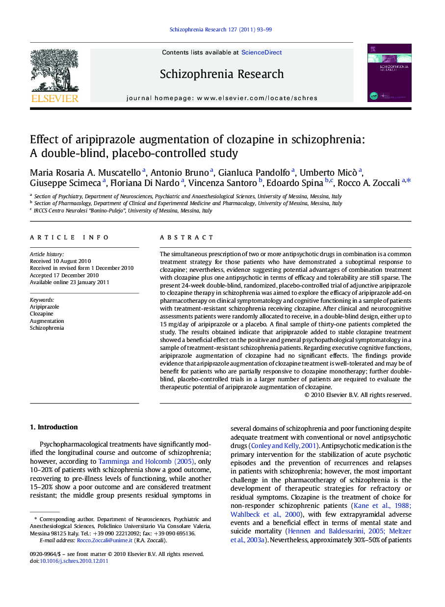 Effect of aripiprazole augmentation of clozapine in schizophrenia: A double-blind, placebo-controlled study