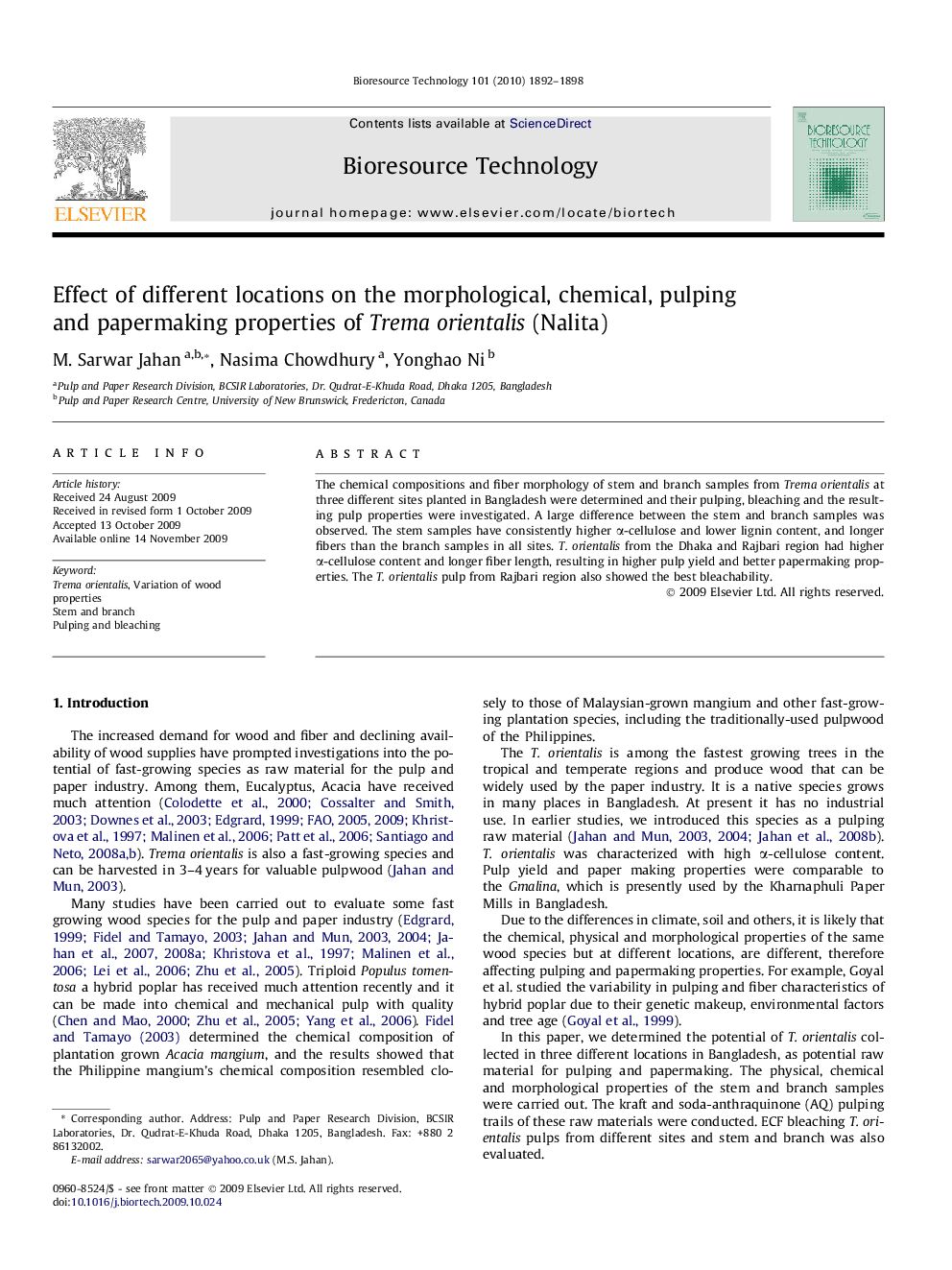 Effect of different locations on the morphological, chemical, pulping and papermaking properties of Trema orientalis (Nalita)