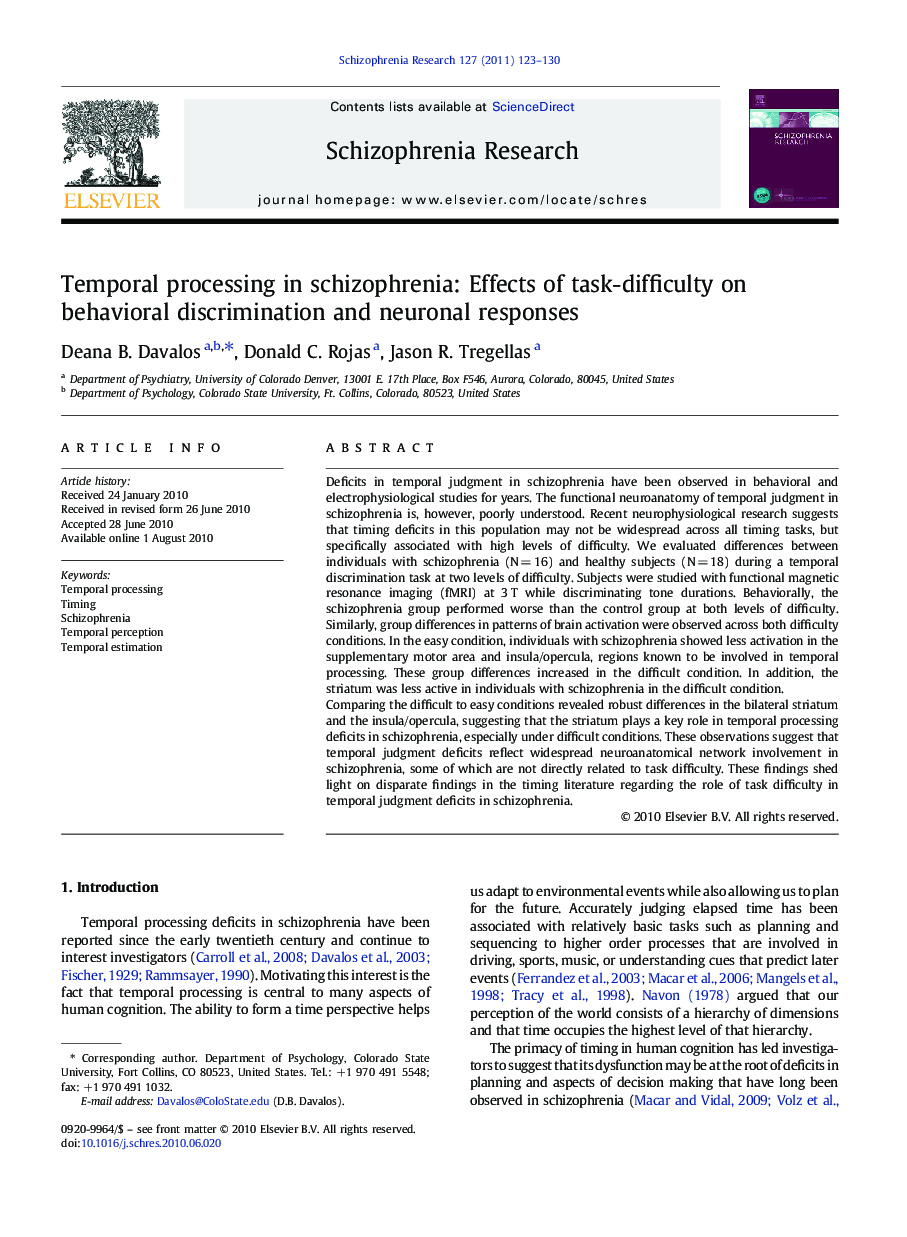 Temporal processing in schizophrenia: Effects of task-difficulty on behavioral discrimination and neuronal responses