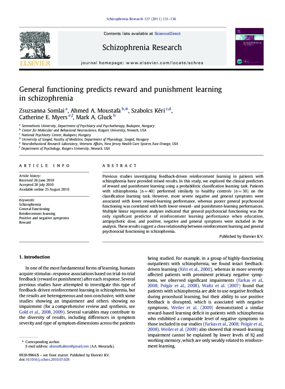 General functioning predicts reward and punishment learning in schizophrenia