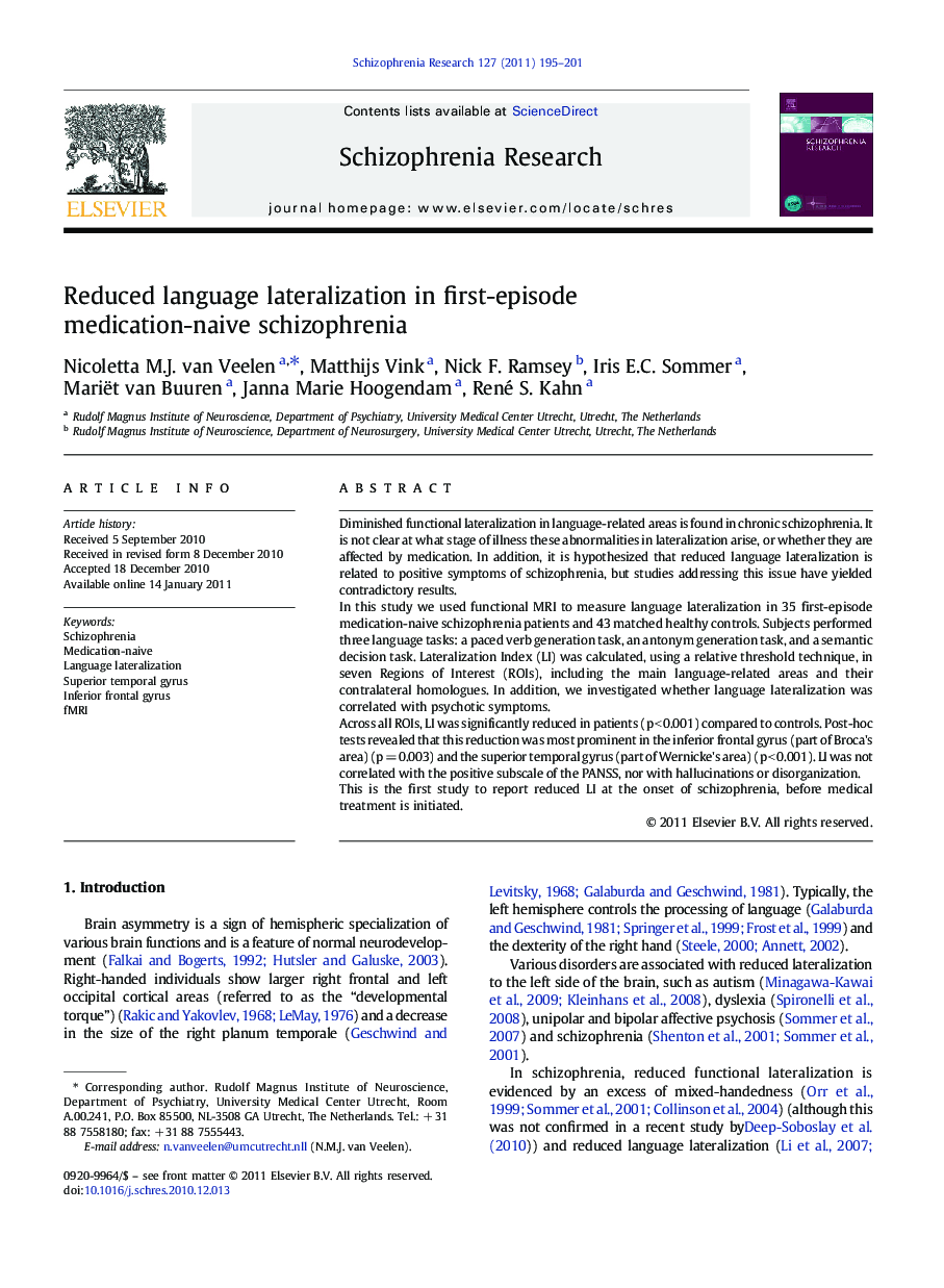 Reduced language lateralization in first-episode medication-naive schizophrenia