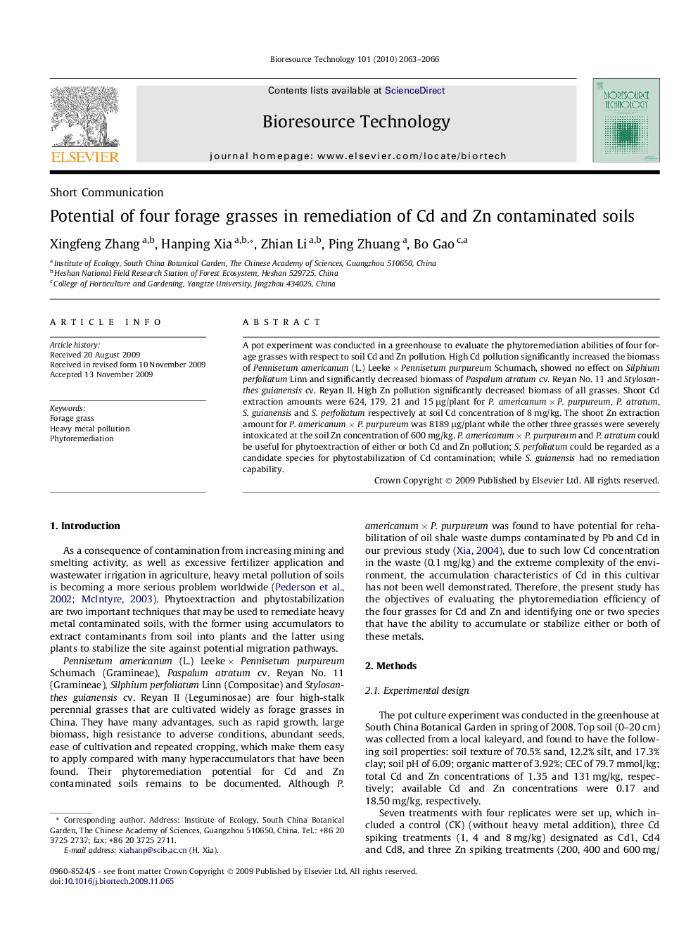 عکس صفحه اول مقاله: Potential of four forage grasses in remediation of Cd and Zn contaminated soils Potential of four forage grasses in remediation of Cd and Zn contaminated soils