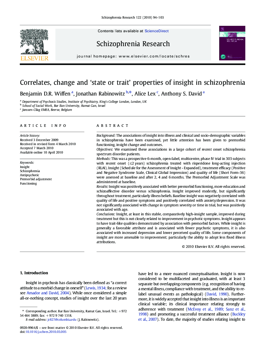 Correlates, change and 'state or trait' properties of insight in schizophrenia