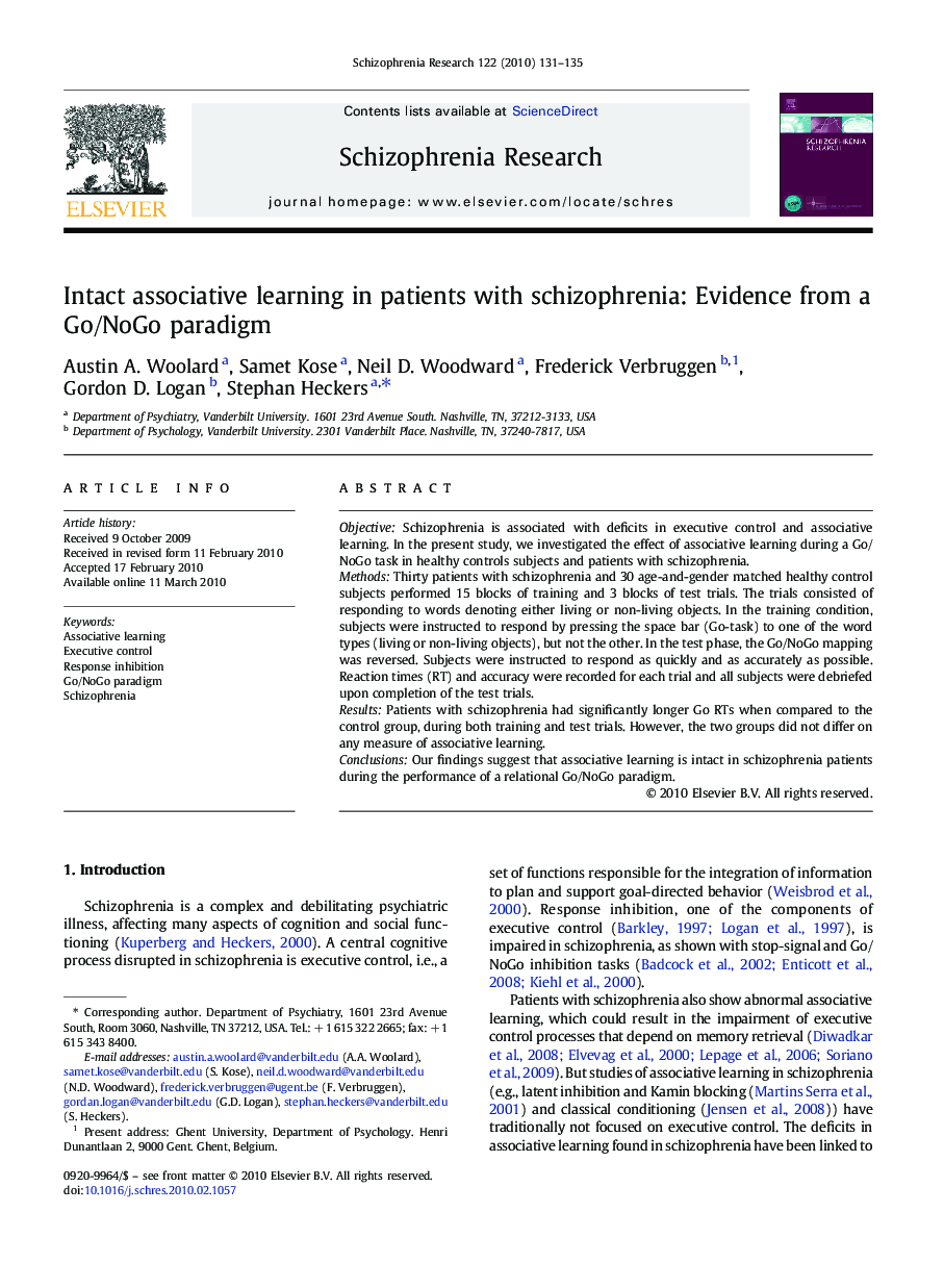 Intact associative learning in patients with schizophrenia: Evidence from a Go/NoGo paradigm