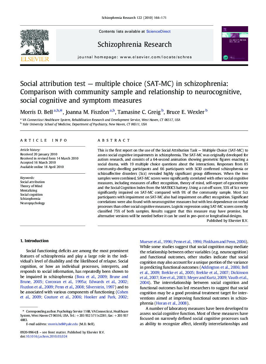 Social attribution test - multiple choice (SAT-MC) in schizophrenia: Comparison with community sample and relationship to neurocognitive, social cognitive and symptom measures