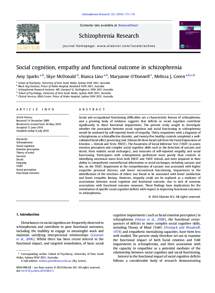 Social cognition, empathy and functional outcome in schizophrenia