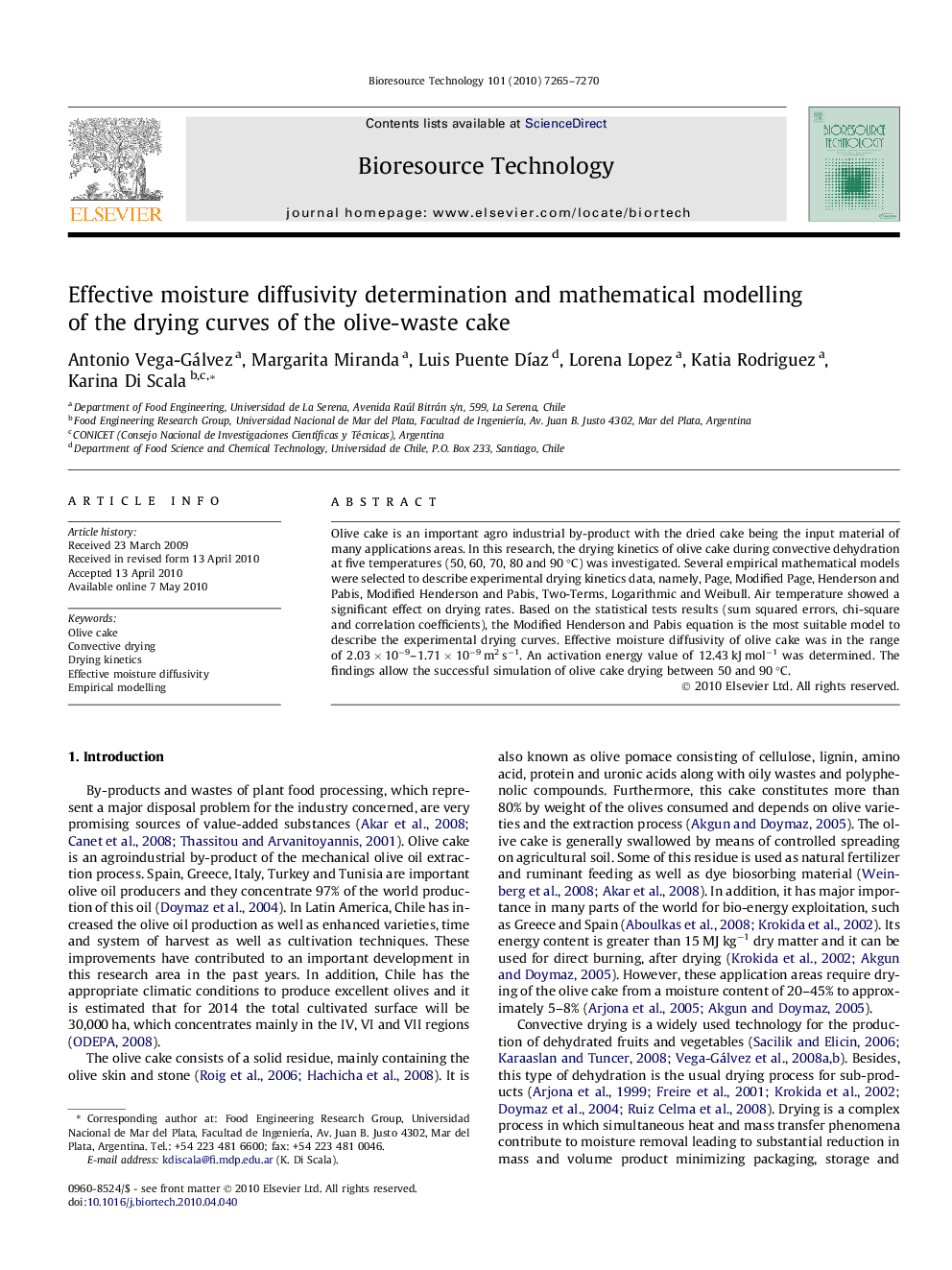 Effective moisture diffusivity determination and mathematical modelling of the drying curves of the olive-waste cake