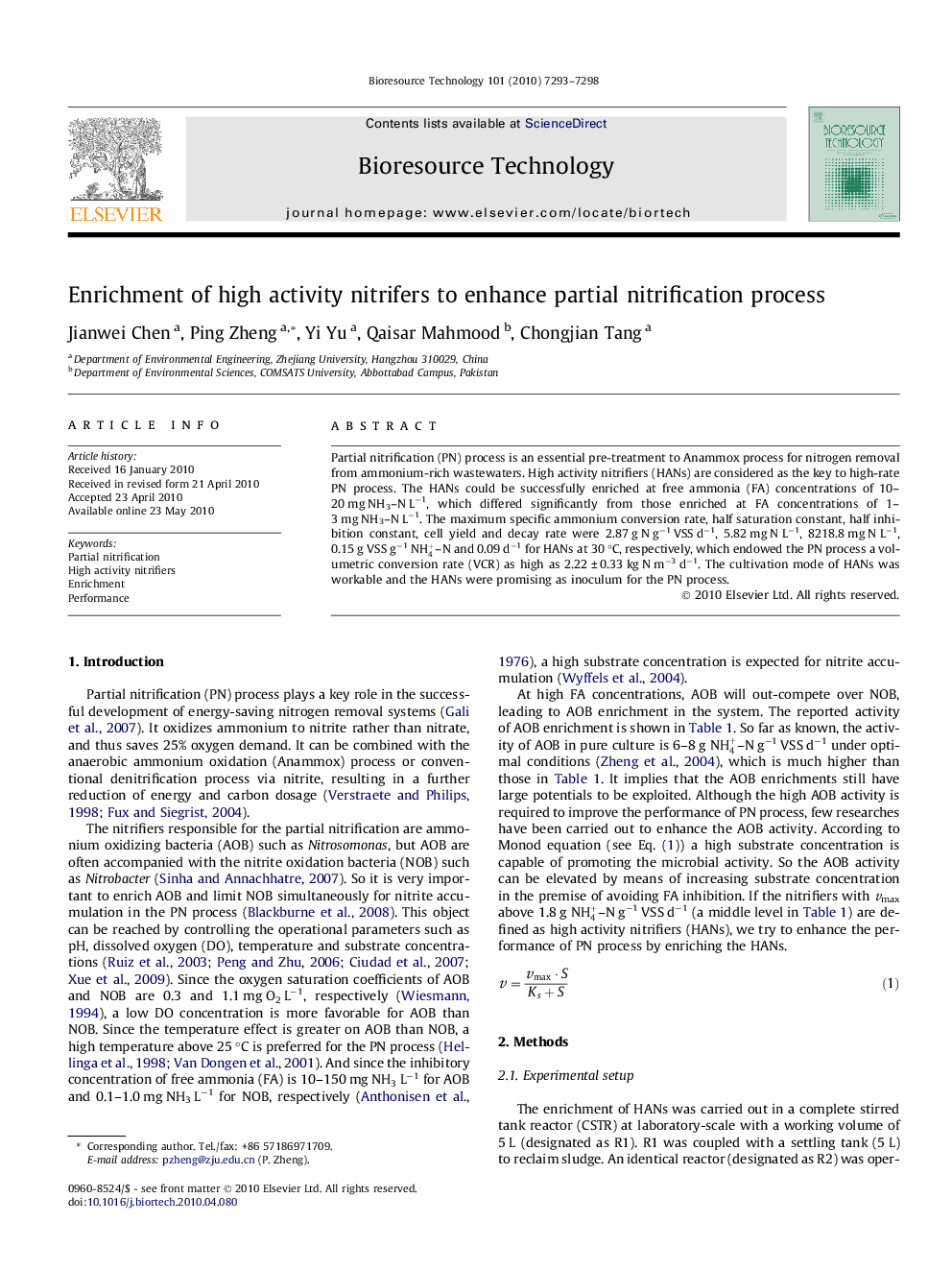 Enrichment of high activity nitrifers to enhance partial nitrification process