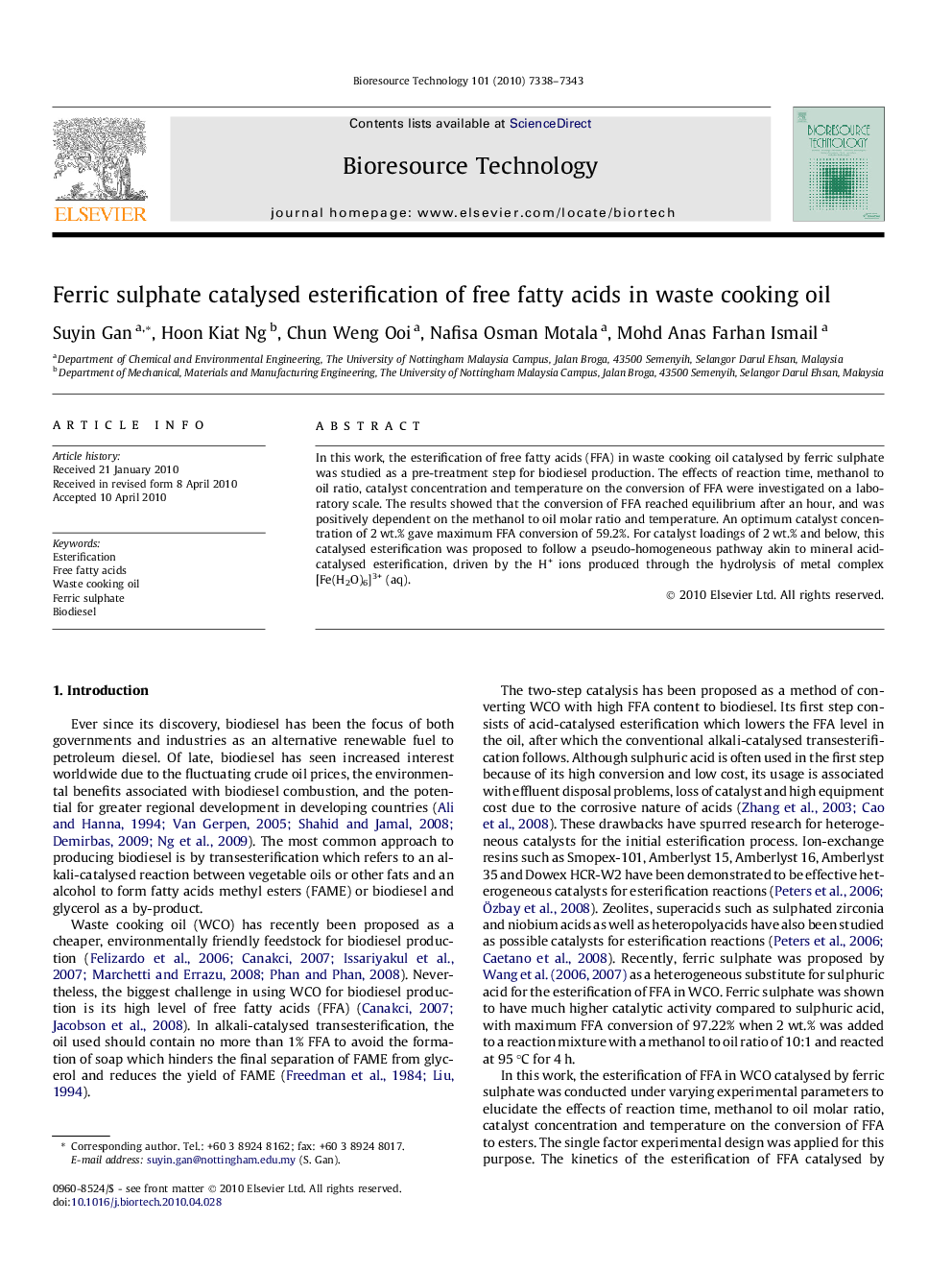 Ferric sulphate catalysed esterification of free fatty acids in waste cooking oil