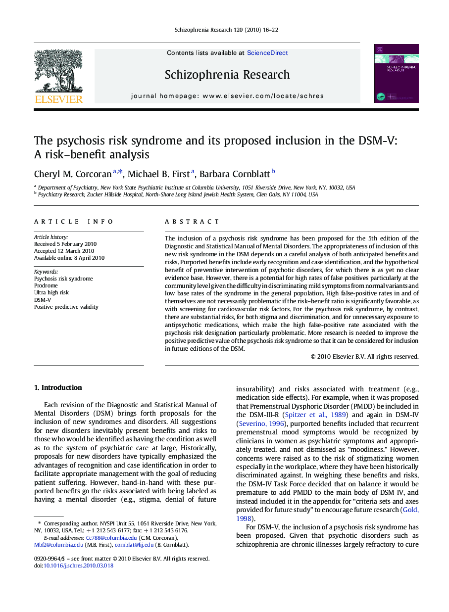 The psychosis risk syndrome and its proposed inclusion in the DSM-V: A risk-benefit analysis