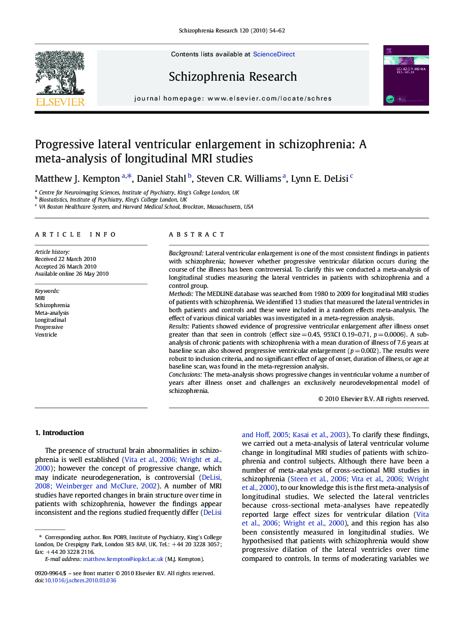 Progressive lateral ventricular enlargement in schizophrenia: A meta-analysis of longitudinal MRI studies