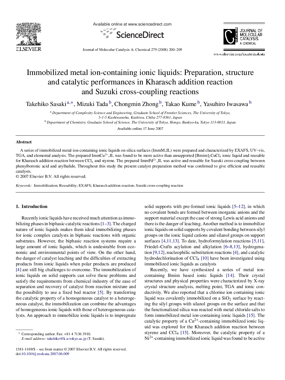 Immobilized metal ion-containing ionic liquids: Preparation, structure and catalytic performances in Kharasch addition reaction and Suzuki cross-coupling reactions