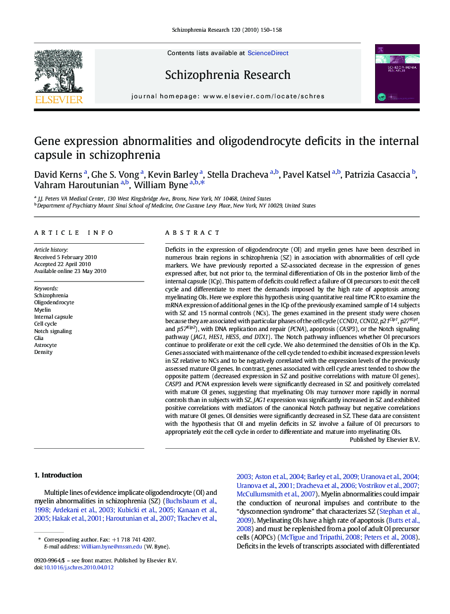 Gene expression abnormalities and oligodendrocyte deficits in the internal capsule in schizophrenia