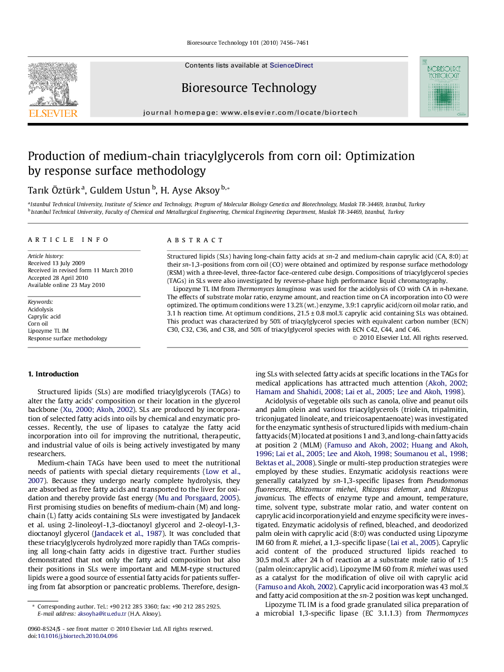 Production of medium-chain triacylglycerols from corn oil: Optimization by response surface methodology