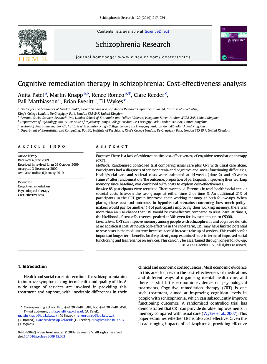 Cognitive remediation therapy in schizophrenia: Cost-effectiveness analysis