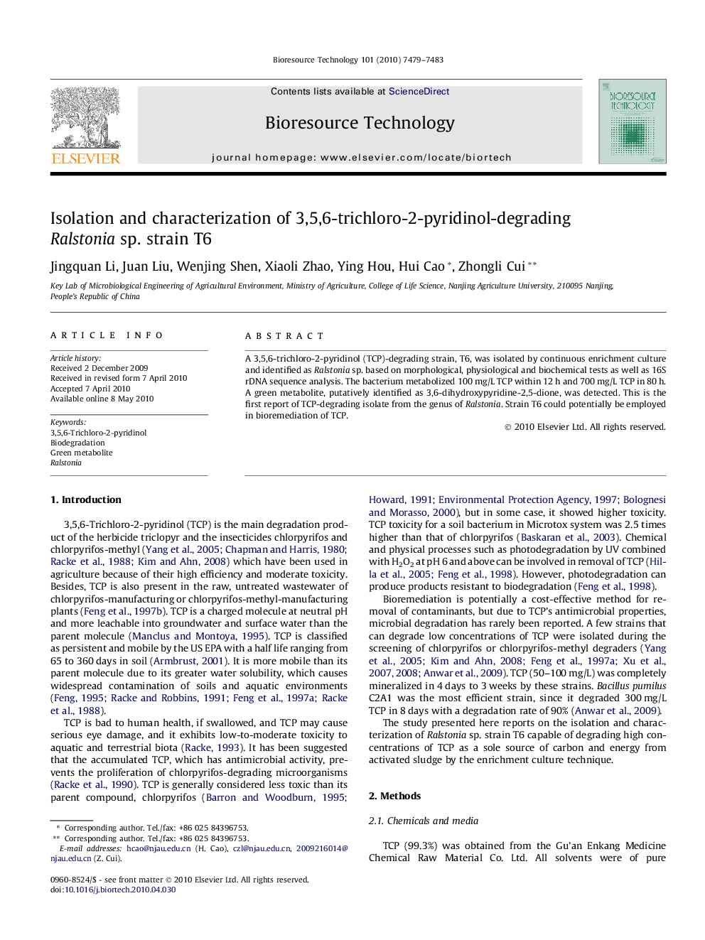 Isolation and characterization of 3,5,6-trichloro-2-pyridinol-degrading Ralstonia sp. strain T6