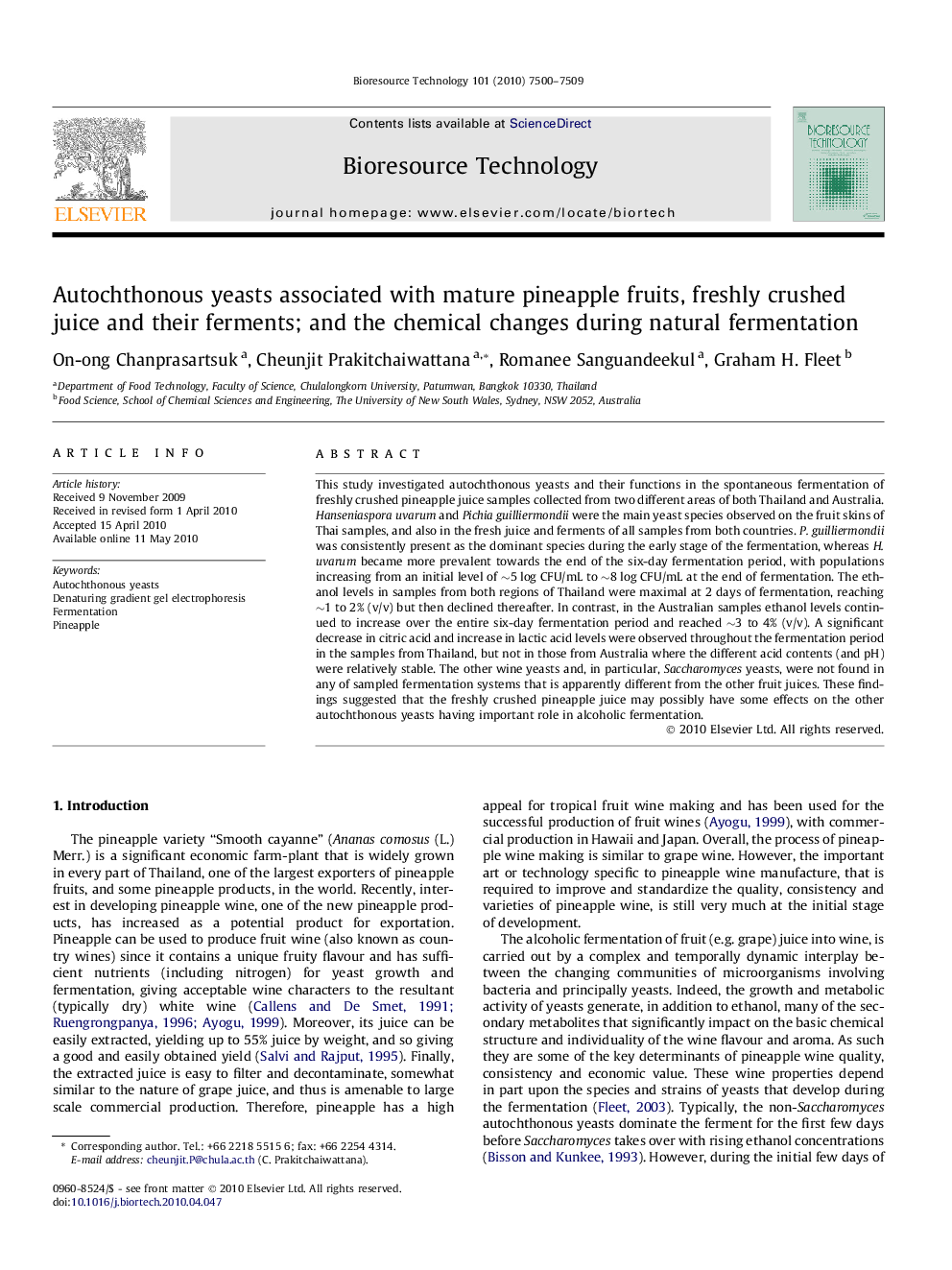 Autochthonous yeasts associated with mature pineapple fruits, freshly crushed juice and their ferments; and the chemical changes during natural fermentation