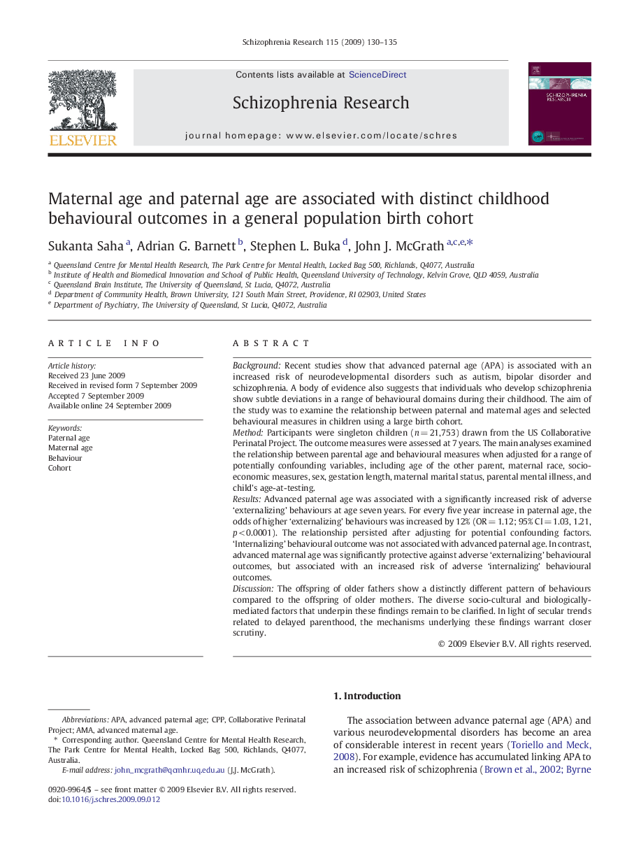 Maternal age and paternal age are associated with distinct childhood behavioural outcomes in a general population birth cohort