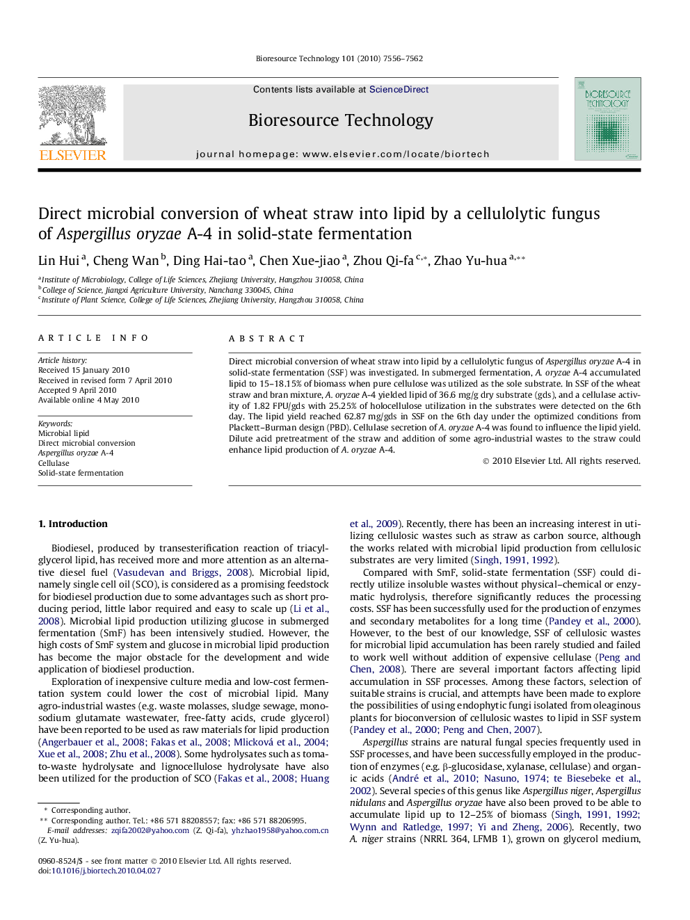 Direct microbial conversion of wheat straw into lipid by a cellulolytic fungus of Aspergillus oryzae A-4 in solid-state fermentation