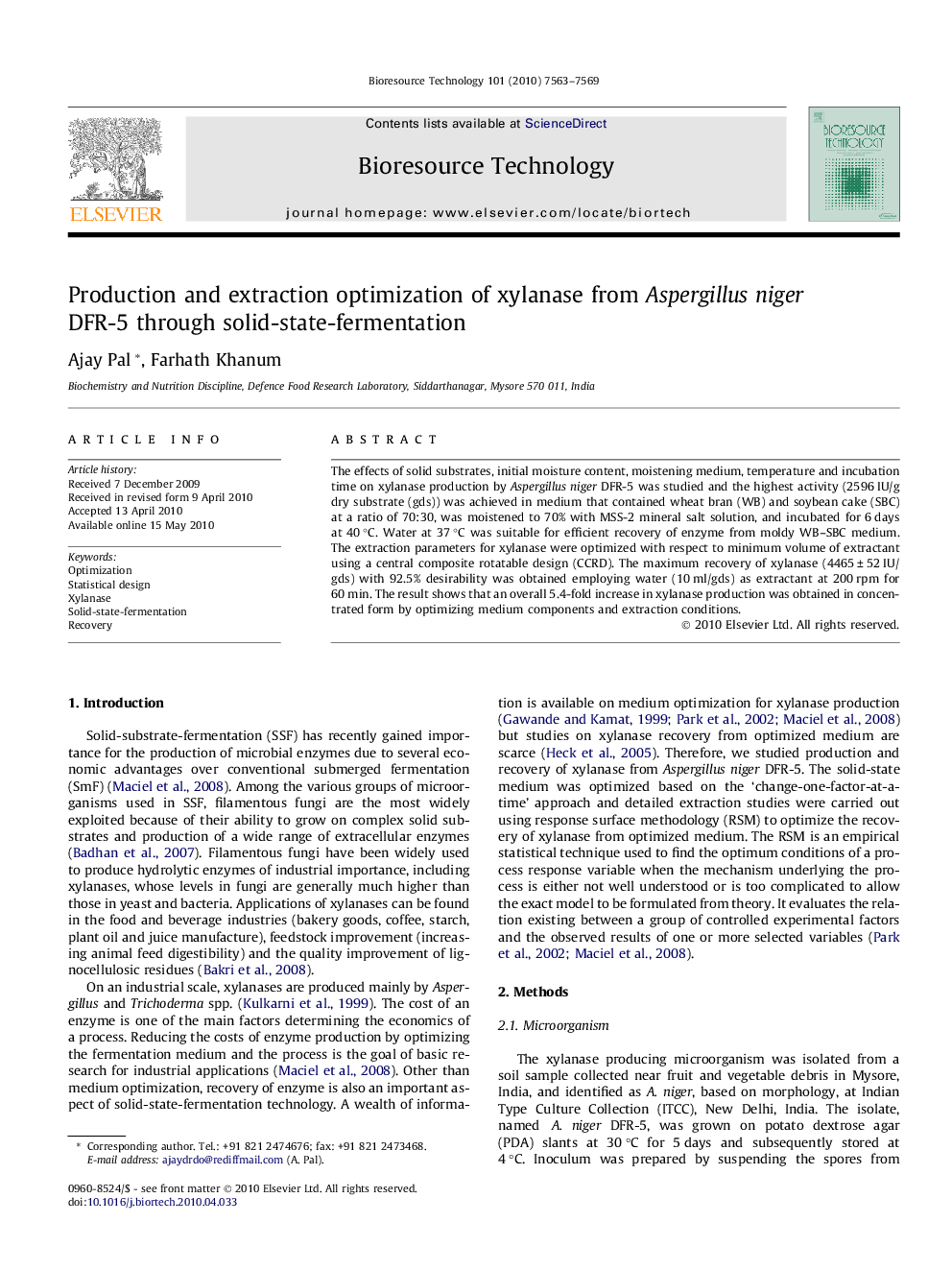 Production and extraction optimization of xylanase from Aspergillus niger DFR-5 through solid-state-fermentation