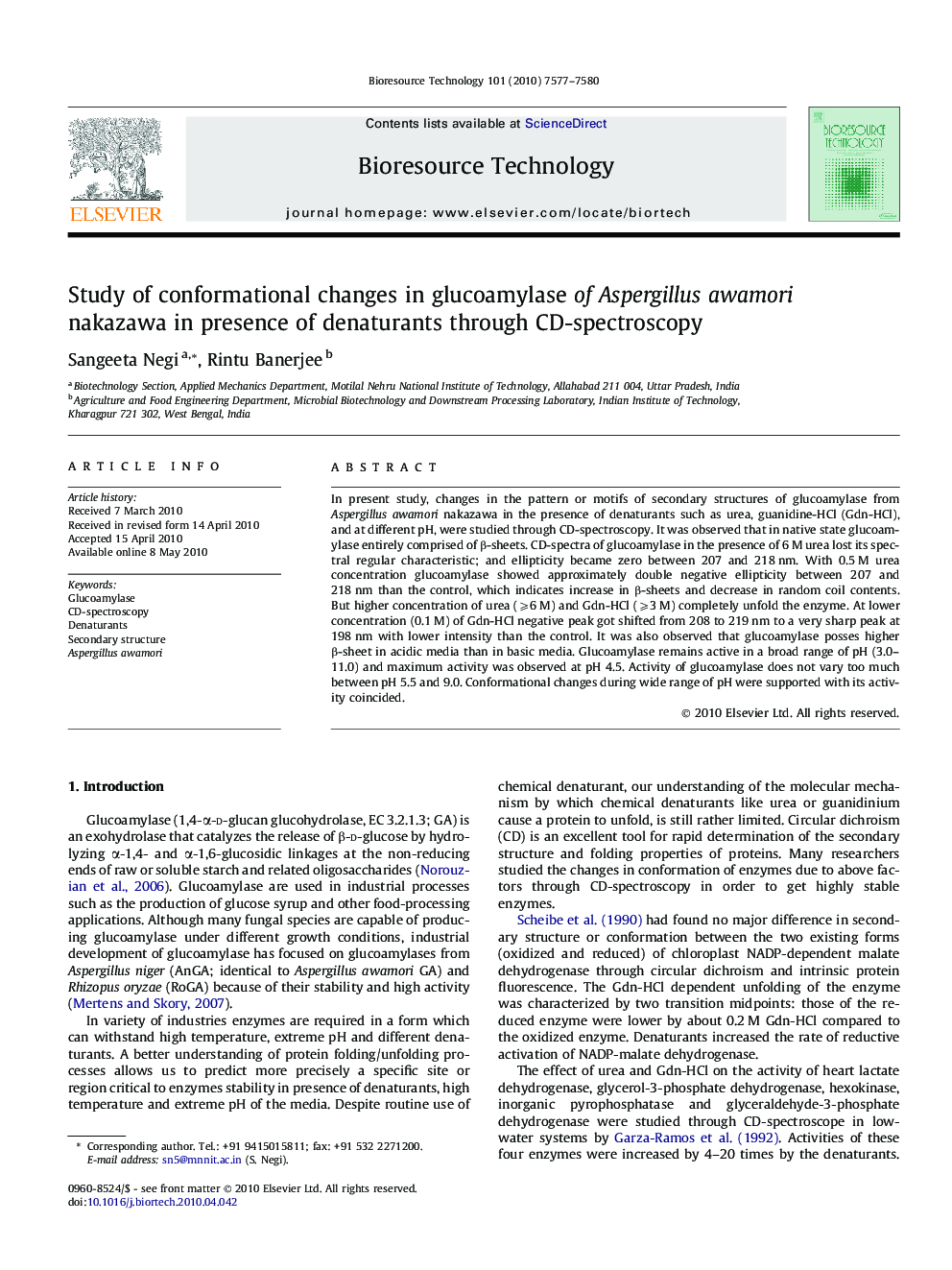 Study of conformational changes in glucoamylase ofAspergillus awamori nakazawa in presence of denaturants through CD-spectroscopy
