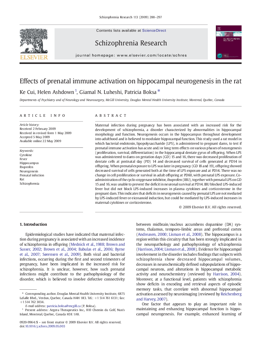 Effects of prenatal immune activation on hippocampal neurogenesis in the rat