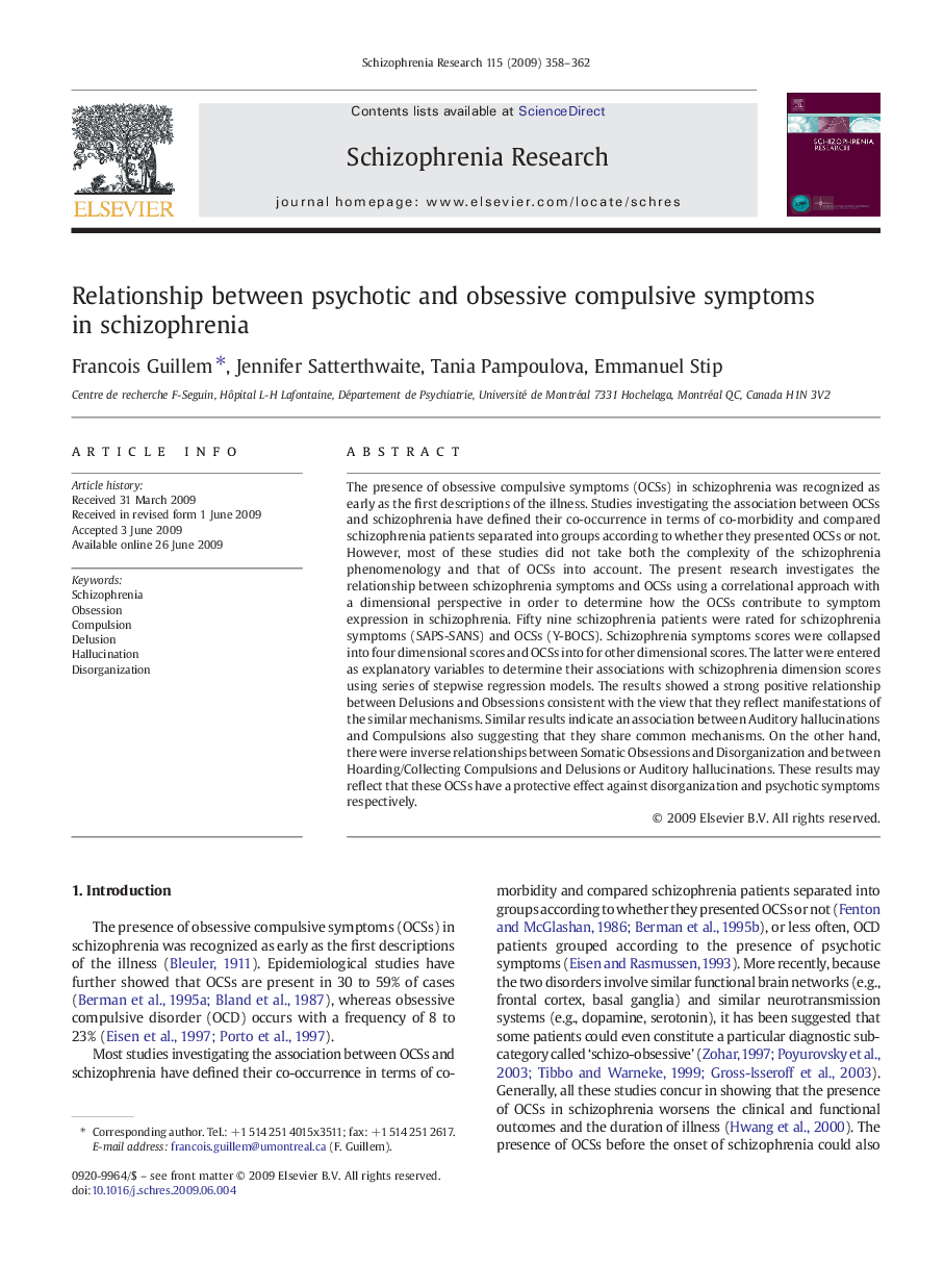 Relationship between psychotic and obsessive compulsive symptoms in schizophrenia