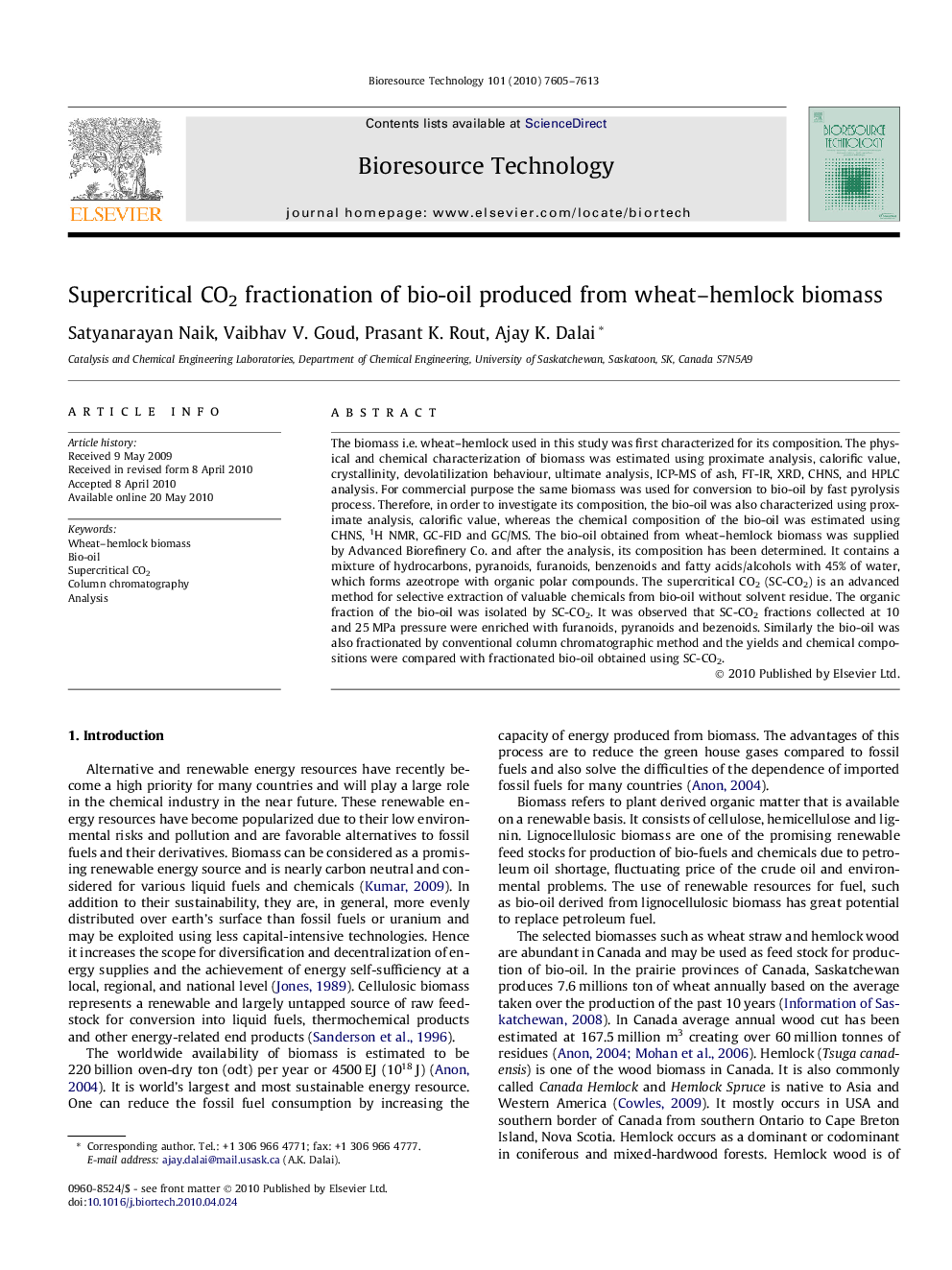 Supercritical CO2 fractionation of bio-oil produced from wheat–hemlock biomass