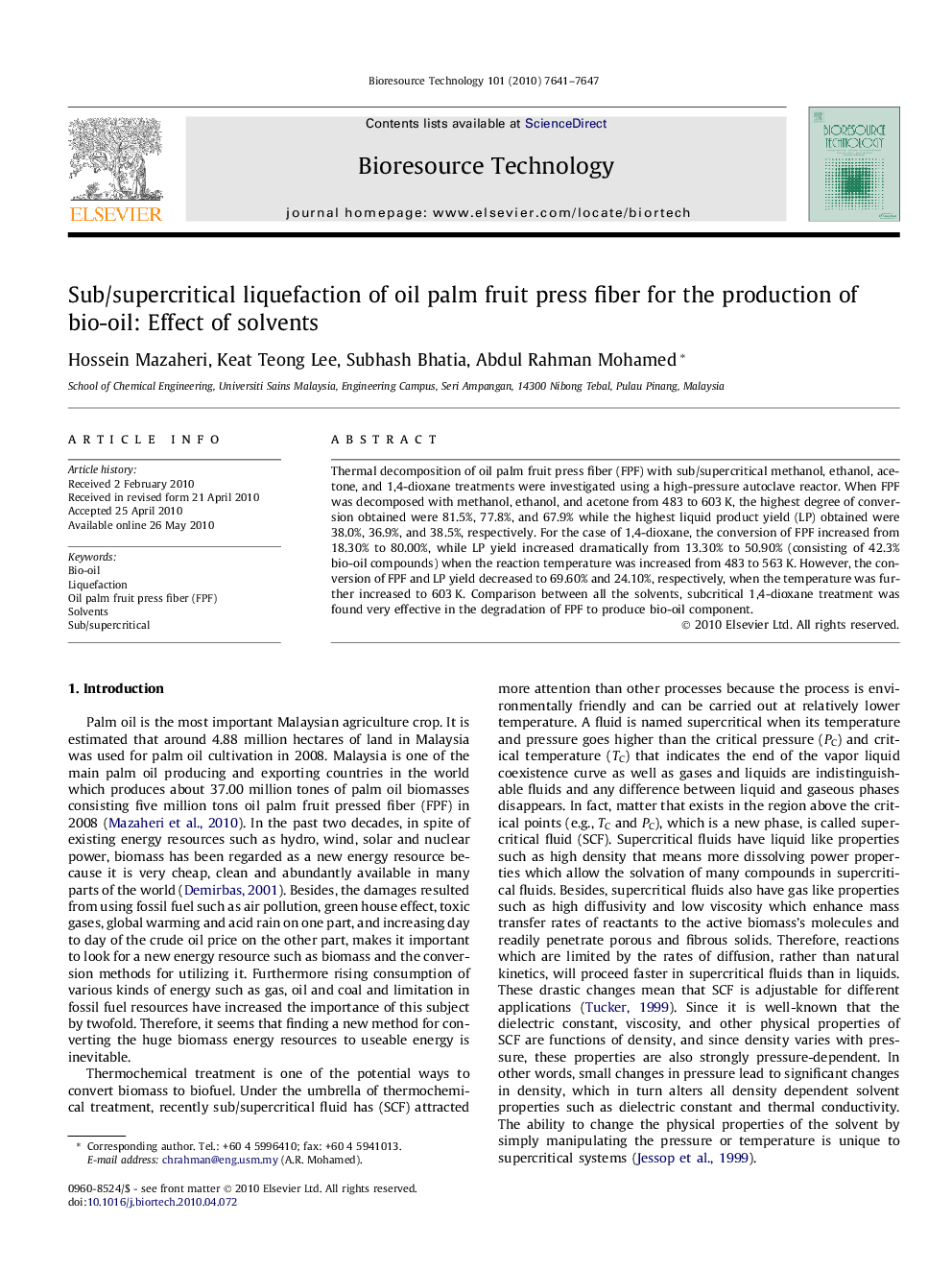 Sub/supercritical liquefaction of oil palm fruit press fiber for the production of bio-oil: Effect of solvents