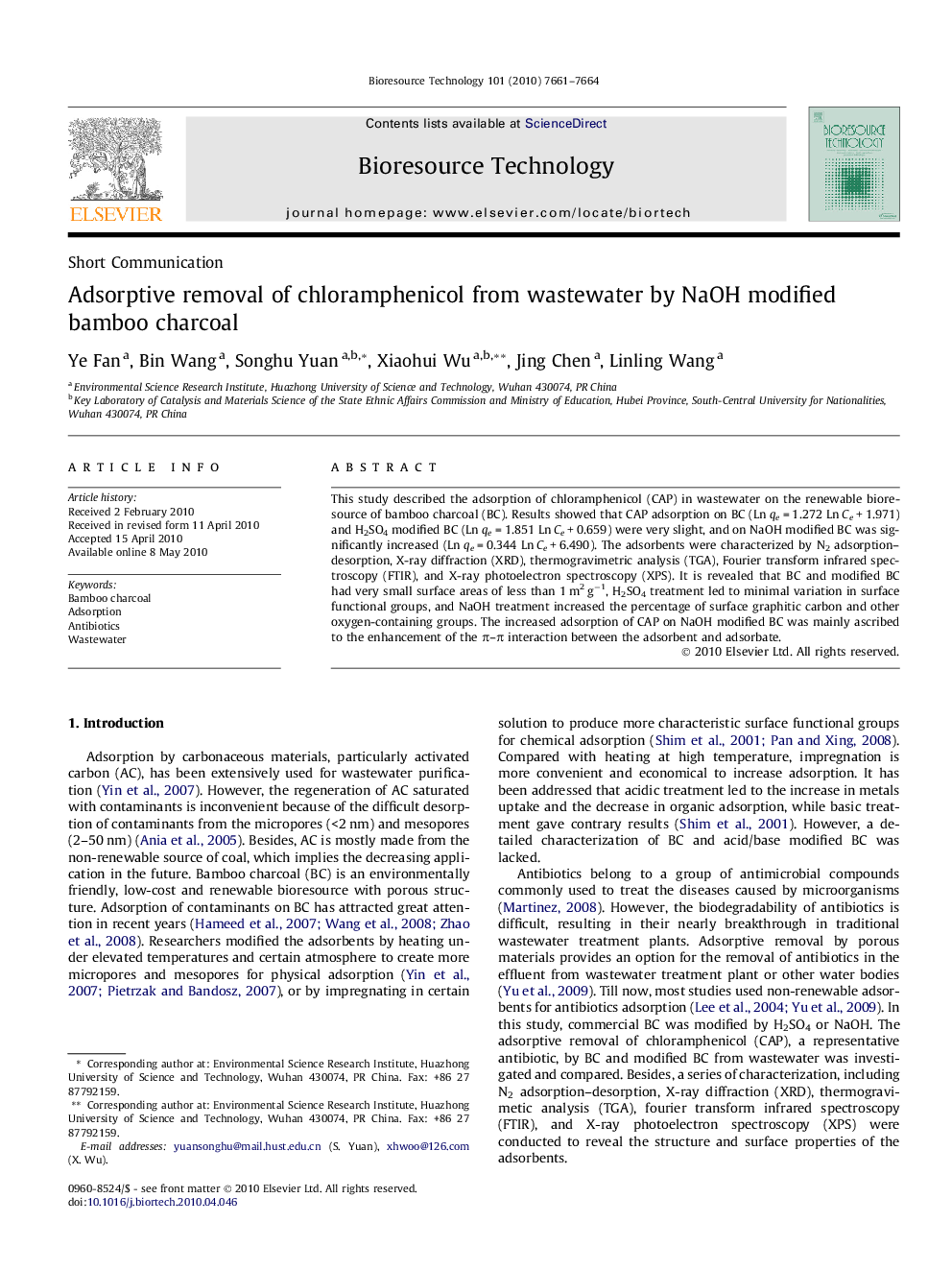 Adsorptive removal of chloramphenicol from wastewater by NaOH modified bamboo charcoal