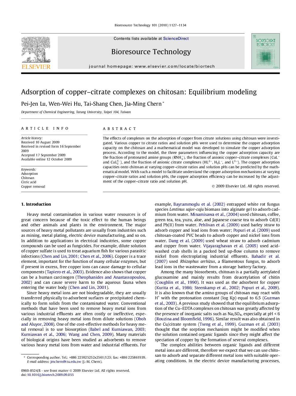 Adsorption of copper–citrate complexes on chitosan: Equilibrium modeling